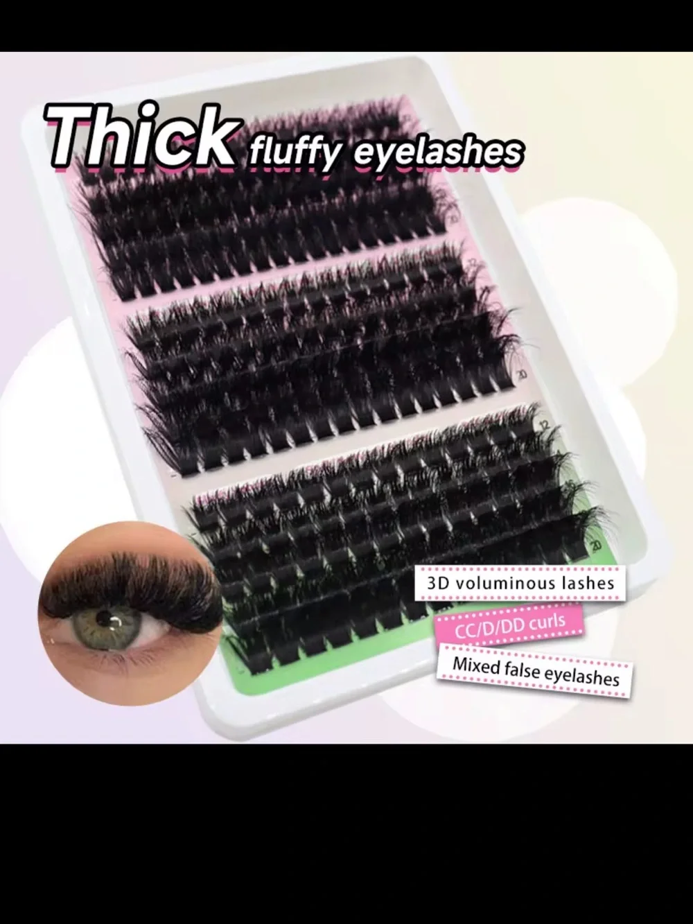 3D Fluffy Cluster Lash Set with Pink Adhesive & Applicator - Black